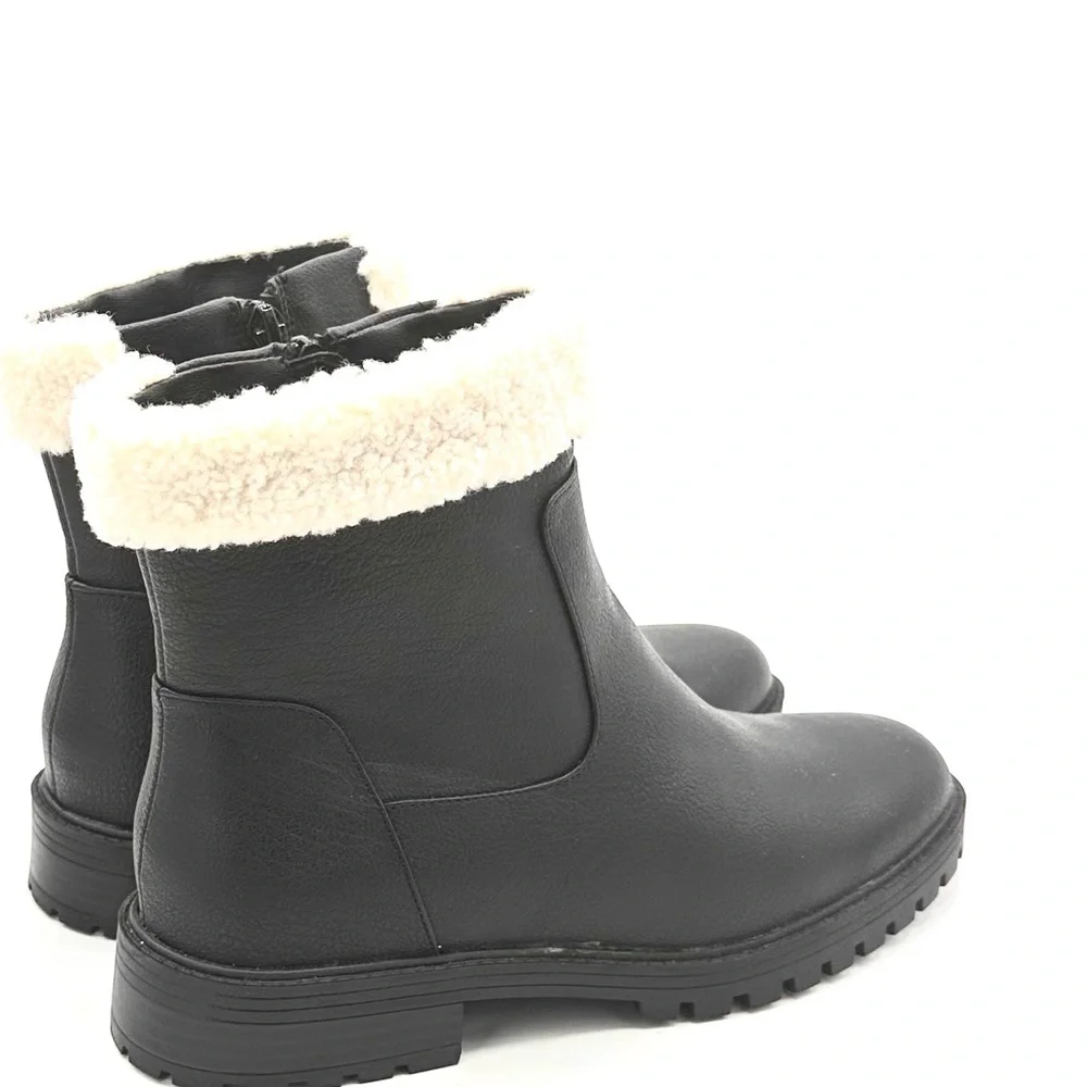 Black Ankle Boots with Cream Faux Fur Trim - Picture 2 of 4